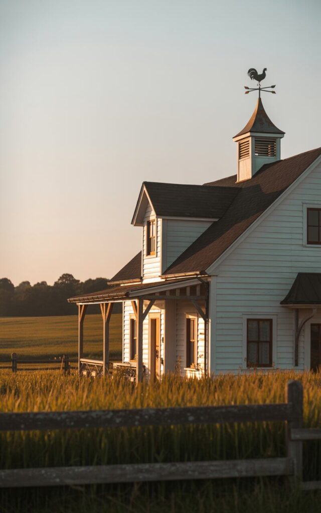 A photograph of a meticulously designed farmhouse bathed in the warm glow of the setting sun. The white farmhouse features a charming cupola with vented slats and a classic rooster weather vane atop the roof, all accented by dark shingles and warm wood porch beams. Rolling fields of golden wheat stretch out towards a distant treeline, while a weathered wooden fence provides a subtle foreground element. Soft, diffused sunlight illuminates the scene, casting long shadows and highlighting the farmhouse’s elegant silhouette against a serene twilight sky.