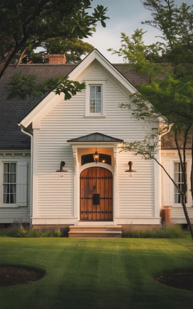 A photograph of a pristine white farmhouse bathed in the warm glow of the late afternoon sun. The house features a striking wooden front door with oversized, aged black iron hinges and a classic handle, accented by matching black iron light fixtures. A meticulously maintained lawn surrounds the house, framed by a few mature trees with lush green foliage. The overall scene conveys a sense of tranquility and timeless charm, with soft shadows stretching across the facade.