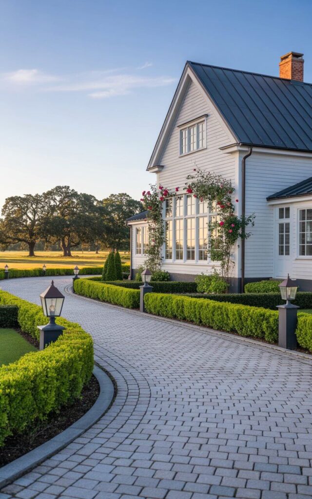 A photograph of a charming farmhouse with a meticulously designed cobblestone driveway. The white-siding farmhouse stands proudly with a dark metal roof and expansive windows reflecting a clear blue sky, while climbing roses adorn the front porch railings. The driveway curves gently, bordered by neatly trimmed hedges and antique lantern posts, bathed in the warm glow of the late afternoon sun. A vibrant green lawn extends beyond the hedges, leading to a line of mature oak trees in the distant background.