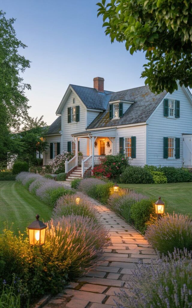 A photograph of a charming farmhouse bathed in the warm glow of late afternoon sunlight. The soft white farmhouse features dark green shutters and a welcoming front porch, framed by meticulously maintained lawns and vibrant flowering shrubs. A winding stone path, edged with fragrant lavender and softly illuminated lantern posts, leads invitingly to the porch. Lush greenery and a clear blue sky complete the serene and idyllic scene.