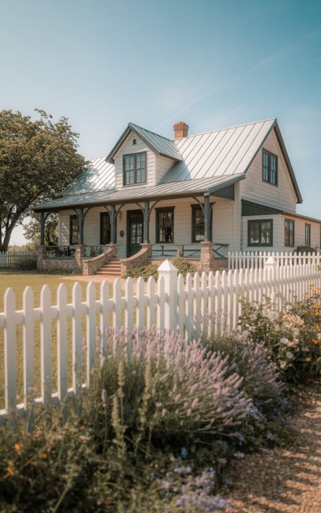 A photograph of a charming farmhouse surrounded by a classic white picket fence. The farmhouse has a welcoming appearance with wide, stone front steps leading to a deep-set porch, complemented by black-framed windows and a subtly gleaming metal roof. A vibrant garden of lavender and wildflowers flourishes within the fence, softening the boundary, while a clear blue sky stretches out overhead. The scene is bathed in warm, soft sunlight, highlighting the farmhouse's traditional architectural details and the beauty of the surrounding landscape.