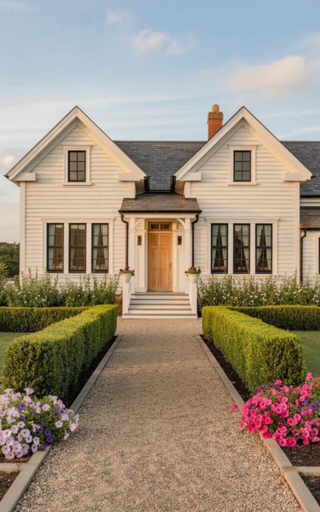 A photograph of a meticulously designed farmhouse bathed in the golden light of late afternoon. The classic white siding contrasts beautifully with black-framed windows and a natural oak front door, complemented by symmetrical gables and neatly trimmed hedges. A gravel walkway gently curves toward the wide front steps, bordered by vibrant pink and purple petunias.  A clear blue sky with soft, scattered clouds completes the scene, enhancing the farmhouse's timeless charm and peaceful setting.