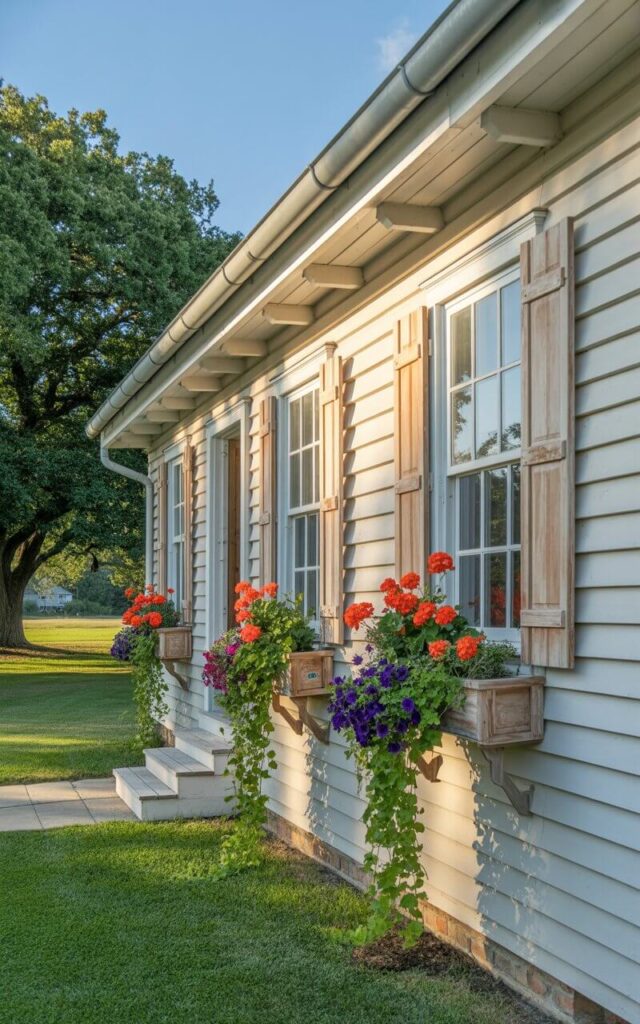A photograph of a beautifully maintained farmhouse bathed in the warm glow of the late afternoon sun. The farmhouse boasts crisp white board and batten siding, accented by natural wood shutters and a welcoming, wide front porch. Vibrant window boxes overflow with a colorful array of scarlet geraniums, deep purple petunias, and trailing ivy that spills gracefully onto the porch. A neatly manicured lawn stretches out before the house, leading to a backdrop of mature oak trees and a clear, azure sky.