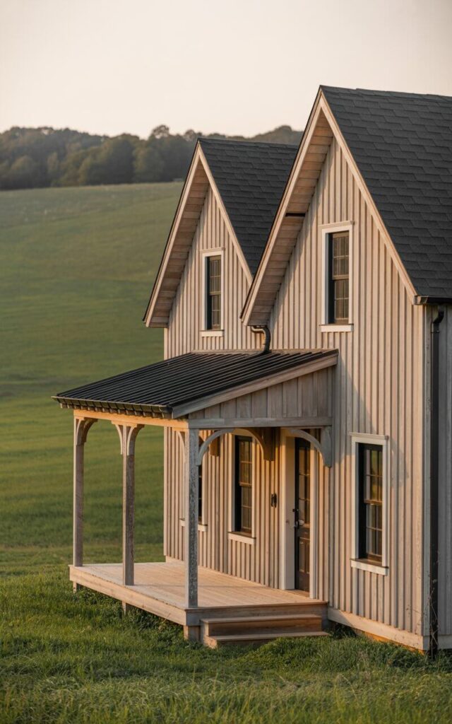 A photograph of a meticulously designed farmhouse nestled within a rolling green pasture. The home features a striking exterior with vertical board and batten siding and black-framed windows, accented by a weathered wood porch with delicate white trim. Multiple gable roofs create a rhythmic visual flow, each adorned with subtle decorative brackets that highlight the home’s architectural detail, bathed in the soft, golden light of the late afternoon. The expansive pasture stretches out toward a distant treeline, suggesting a serene and timeless rural landscape.