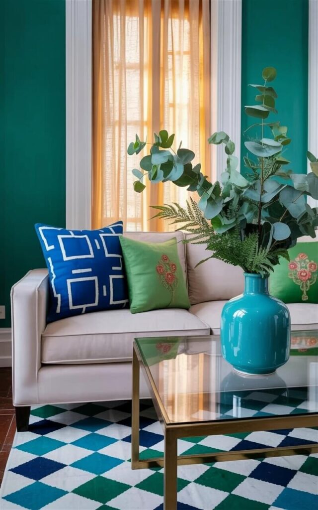 A pale beige sofa with clean lines sits facing a sleek glass coffee table. Three blue throw pillows with geometric patterns and two green pillows with floral embroidery are arranged on the sofa. The transparent coffee table reveals a patterned rug below featuring alternating teal and navy diamonds. A turquoise ceramic vase filled with eucalyptus branches and sprigs of ferns sits on the table’s surface, while a sheer linen curtain filters soft light through a nearby window.