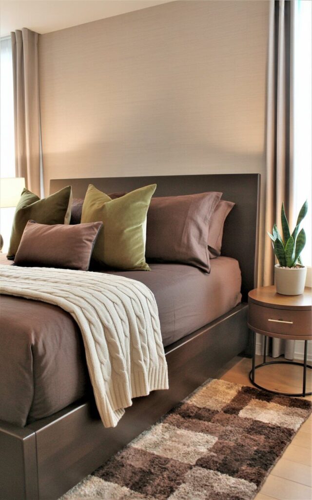 A king-sized bed with a dark brown wooden frame sits against a light beige wall covered in textured wallpaper. The bed is dressed with chocolate brown linen sheets, several moss-green velvet pillows of varying sizes, and a cream-colored cable-knit throw blanket draped across the foot. A sleek, round wooden nightstand with a single brass drawer sits beside the bed, holding a small ceramic pot containing a snake plant with long, pointed leaves. Natural light filters through floor-length neutral-colored curtains, illuminating a plush area rug in a geometric pattern of brown and beige tones on the wooden floor.