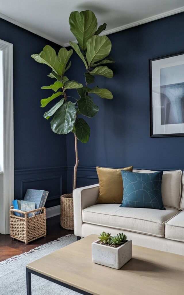 A tall fiddle-leaf fig tree stands in the corner of the room with broad, glossy green leaves reaching toward the ceiling. A beige linen sofa sits opposite the tree, adorned with three cushions: one in a deep teal, one in a muted olive green, and one with a subtle blue geometric pattern. A low, rectangular coffee table made of light-toned wood rests in front of the sofa, holding a small, unglazed ceramic planter filled with succulents. A woven seagrass basket sits near the sofa, containing folded blankets and a stack of books.