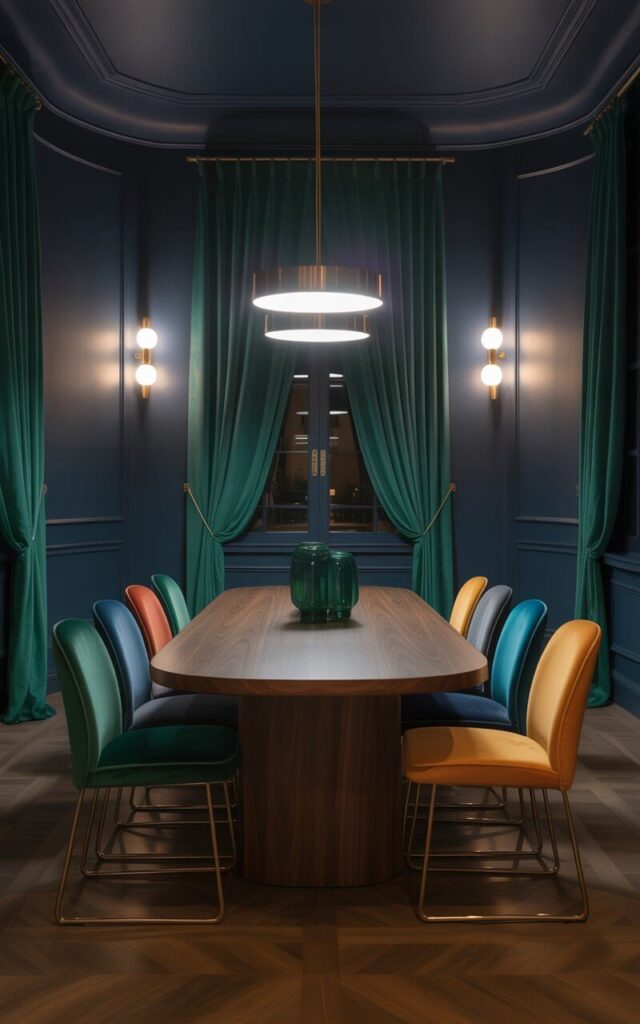 A photograph of an elegant dining room bathed in rich, jewel-toned lighting that creates a sophisticated and moody atmosphere. The centerpiece is a sleek, unadorned dining table in dark walnut or ebony, surrounded by minimalist chairs upholstered in sumptuous emerald and sapphire velvet that catches the ambient light beautifully. Floor-to-ceiling emerald drapes frame tall windows, while subtle brass hardware and lighting fixtures add warm metallic accents throughout the space. The walls feature a soft matte charcoal or deep navy finish, creating a cocoon-like intimacy where the vibrant jewel tones can glow without overwhelming the clean, curated aesthetic.