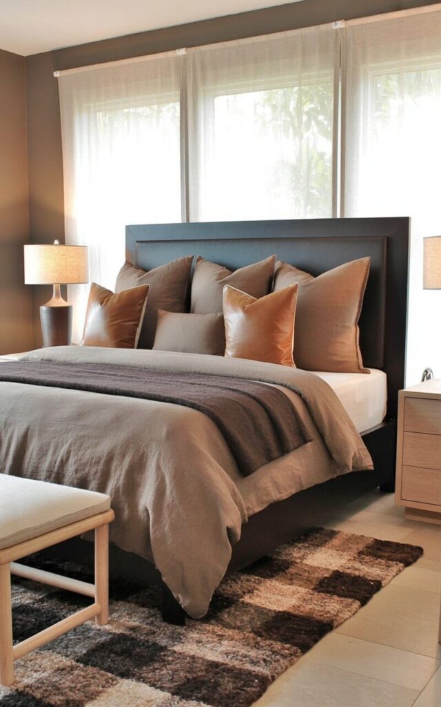 A king-sized bed with a dark espresso wood frame sits centered in the room, layered with taupe linen bedding and several caramel-colored throw pillows. A dark espresso throw blanket is neatly folded across the foot of the bed, while two slim nightstands made of light oak flank the headboard, each holding a small ceramic lamp with a cream-colored lampshade. A light oak bench rests against the far wall, topped with a soft, textured rug in varying shades of brown and beige. The room is illuminated by natural light filtering through sheer linen curtains hanging over a large window facing a blurred, green garden.