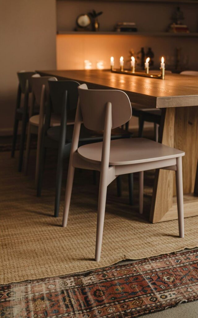 A moody interior photograph of a dining room bathed in warm amber candlelight, featuring a rustic wooden dining table surrounded by minimalist chairs in soft taupe and charcoal tones. The floor showcases beautifully layered rugs—a natural jute base beneath a vintage Persian runner with faded jewel tones—creating rich textural depth beneath the simple furnishings. Flickering candles in brass holders cast dancing shadows across the warm wood grain of the table and nearby floating shelves, while the soft glow illuminates the intricate patterns of the worn Persian rug. The atmosphere feels intimately cozy yet refined, with the interplay of natural textures, muted colors, and gentle lighting creating a perfectly balanced space that invites lingering conversations.