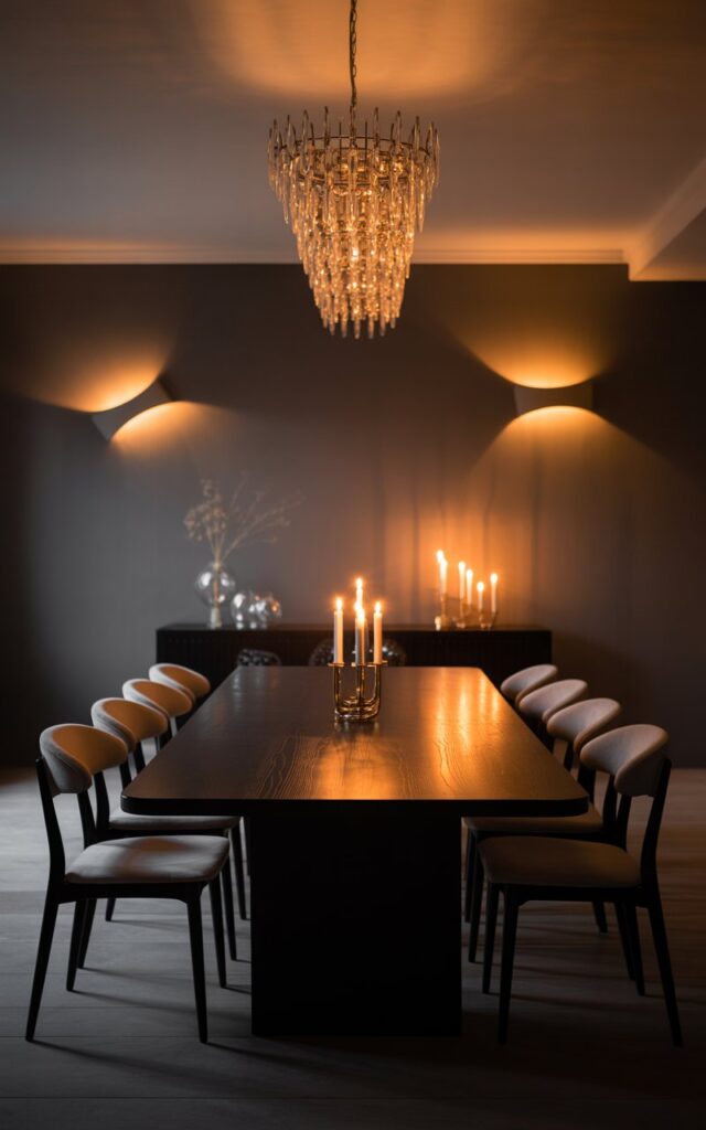 A moody interior photograph of an elegantly appointed dining room where sophisticated lighting creates dramatic ambiance. The centerpiece is a sleek dark oak dining table surrounded by minimalist chairs upholstered in soft charcoal fabric, anchored beneath an ornate chandelier that casts intricate patterns of light and shadow. Multiple layers of warm illumination dance throughout the space—delicate wall sconces emit a gentle glow against deep gray walls, while flickering candles on the table create intimate pools of golden light. The carefully orchestrated lighting transforms the minimalist space into a refined sanctuary, with warm amber tones breathing life into the sophisticated color palette of charcoals and rich woods.