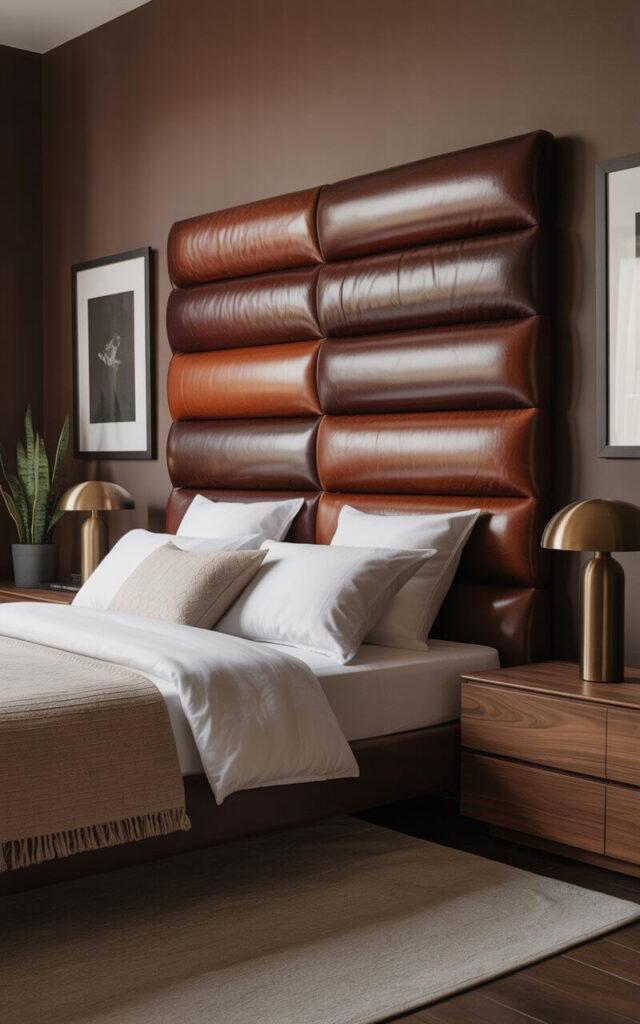 A photograph of a luxurious brown bedroom showcasing a striking leather headboard in deep espresso tones, commanding attention as the room's centerpiece. The headboard's rich, textured leather contrasts beautifully with crisp white linens and plush pillows, creating an inviting bed that dominates the space. Flanking the bed are sleek walnut nightstands topped with brushed brass table lamps, while a soft taupe area rug anchors the seating area beneath. The walls feature carefully curated black-framed artwork and a single potted snake plant adds a touch of natural greenery, all bathed in warm, diffused lighting that emphasizes the leather's luxurious grain and creates a serene, minimalist atmosphere.