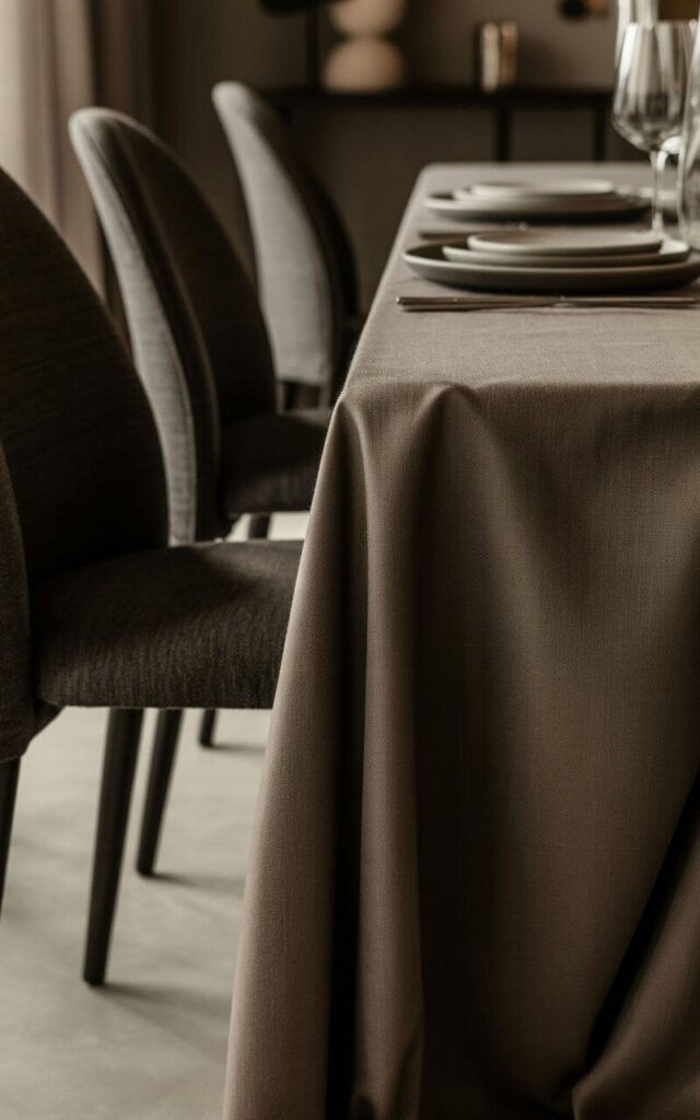 A moody interior photograph of a sophisticated dining room featuring rich fabrics and subtle textures that create an atmosphere of quiet elegance. The centerpiece is a sleek dining table draped in a deep charcoal linen tablecloth that pools gracefully at the edges, surrounded by minimalist chairs with slender black legs and plush dark upholstery. Polished silver tableware catches the gentle gleam of warm, dim lighting that softly illuminates the fabric folds and creates intimate shadows throughout the space. The background reveals muted wall tones and carefully curated decorative elements, while the interplay of soft textiles and clean geometric lines maintains a beautifully refined yet approachable luxury aesthetic.