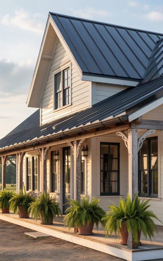 A photograph of a meticulously designed farmhouse, showcasing its striking black metal roof against a soft afternoon sky. The roof subtly gleams, contrasting with the creamy white siding accented by reclaimed wood beams and dark trim. A wraparound porch, adorned with vibrant green ferns in terracotta pots, gracefully curves around the house, adding a touch of rustic charm.  Sunlight gently illuminates the farmhouse, casting long shadows and highlighting the perfect proportions of this modern farmhouse haven.
