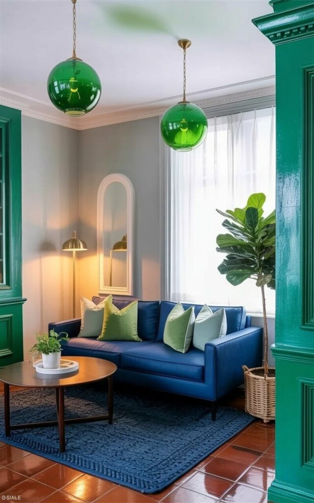 A navy blue sofa with clean lines sits against a pale gray wall, accented by four sage green throw pillows arranged neatly on the cushions. Above the sofa, two spherical green glass pendant lights hang from the ceiling, casting a soft glow on the surrounding area while a brass floor lamp stands in the corner, its shade pointed upwards. A round coffee table made of dark wood sits in front of the sofa, reflecting the light from the overhead fixtures, and a dark blue area rug defines the seating area. The room is furnished with a single potted fiddle-leaf fig tree in a woven basket placed near a large window with sheer white curtains.