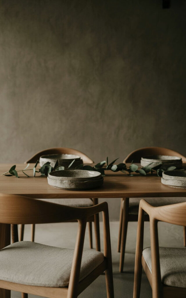 A photograph of a moody dining room interior that embodies organic minimalism and natural tranquility. The centerpiece is a simple wooden dining table adorned with textured stoneware dishes and fresh eucalyptus branches, surrounded by sleek dining chairs crafted from warm wood frames and neutral linen upholstery. The earthy color palette of charcoal gray walls, sandy beige accents, and muted olive green elements creates depth while allowing the rich textures of natural materials to take center stage. Soft, diffused daylight streams through unseen windows, casting gentle shadows that highlight the grain of the wood and the organic curves of the ceramic pieces, creating a serene atmosphere of refined simplicity.