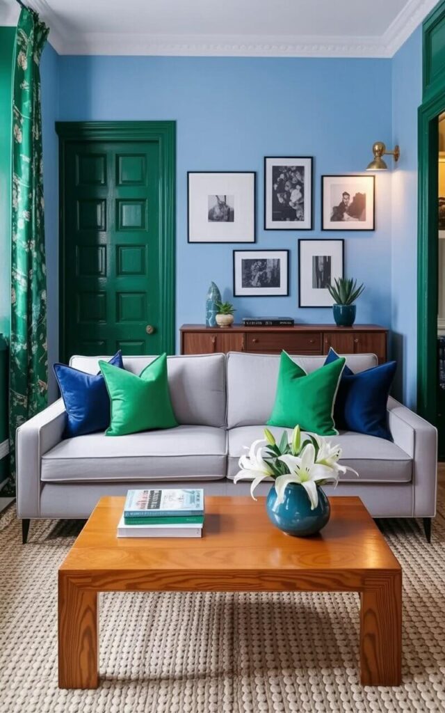 A light gray sofa with clean lines sits centered in a room, accented with three emerald green throw pillows and two navy blue lumbar pillows. A textured cream-colored rug lies beneath the sofa, anchoring the seating area and providing visual warmth. A solid oak coffee table with a visible wood grain pattern rests on the rug in front of the sofa, holding a stack of three books and a ceramic vase containing white lilies. The walls are painted a soft blue hue, and a walnut sideboard stands against one wall, displaying a collection of framed black and white photographs and a small potted succulent.