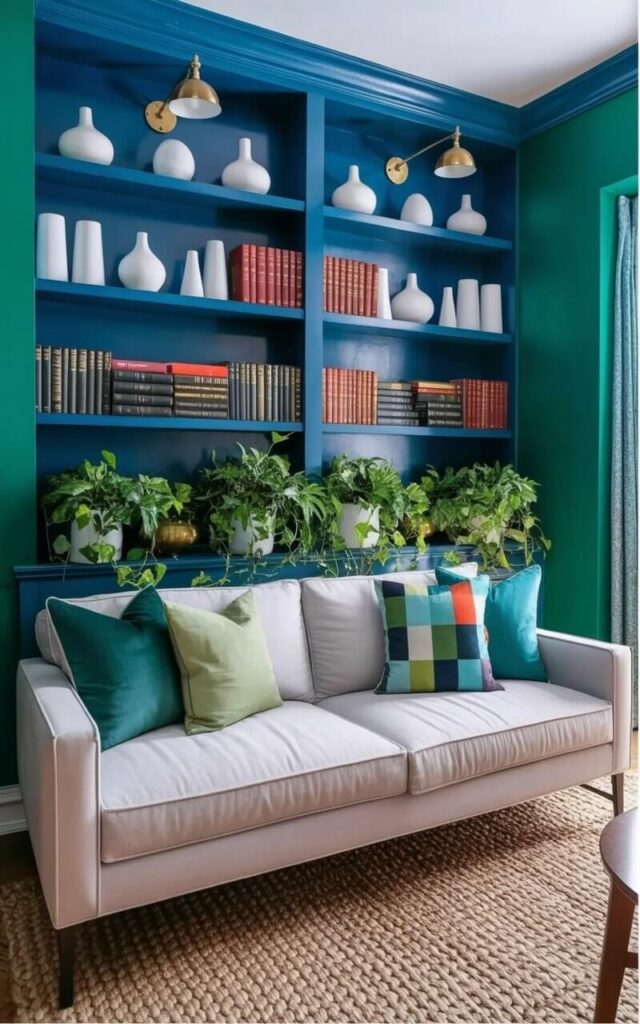 A soft gray sofa with clean lines sits centered in a room, accented with three pillows—one in a deep teal, one in a light sage green, and one with a geometric pattern incorporating both blue and green tones. Behind the sofa, navy blue built-in shelving spans the entire wall, showcasing a curated arrangement of white ceramic vases of varying sizes, stacks of hardcover books with dark spines, and several potted plants with lush green foliage. Two brass sconces are mounted on the wall above the shelving, directing light downwards onto the books and plants. A large, neutral-toned wool rug lies beneath the sofa, grounding the space and providing a visual contrast to the dark shelving and soft gray upholstery.
