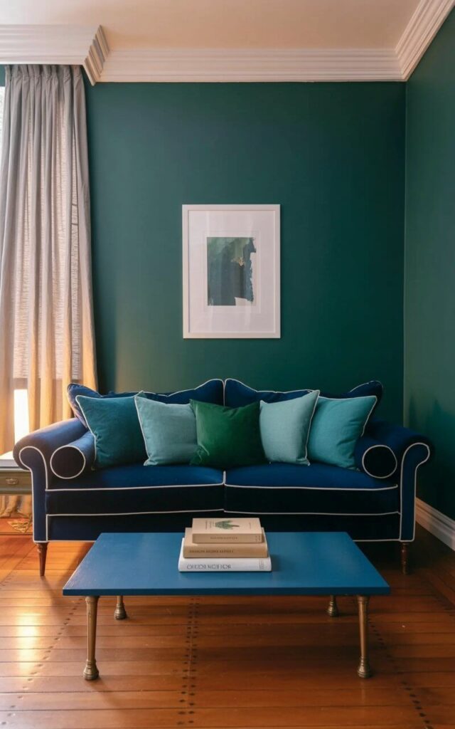 A deep navy blue sofa with rolled arms sits centered in the room, featuring several throw pillows in a repeating pattern of teal and forest green. A low coffee table with a rectangular top and slender brass legs rests in front of the sofa, holding a stack of three books with linen covers. Floor-to-ceiling curtains in a light gray linen fabric are partially drawn, allowing sunlight to illuminate the polished hardwood floor. White walls with subtle crown molding trim surround the room, with a framed abstract print hanging above the sofa.