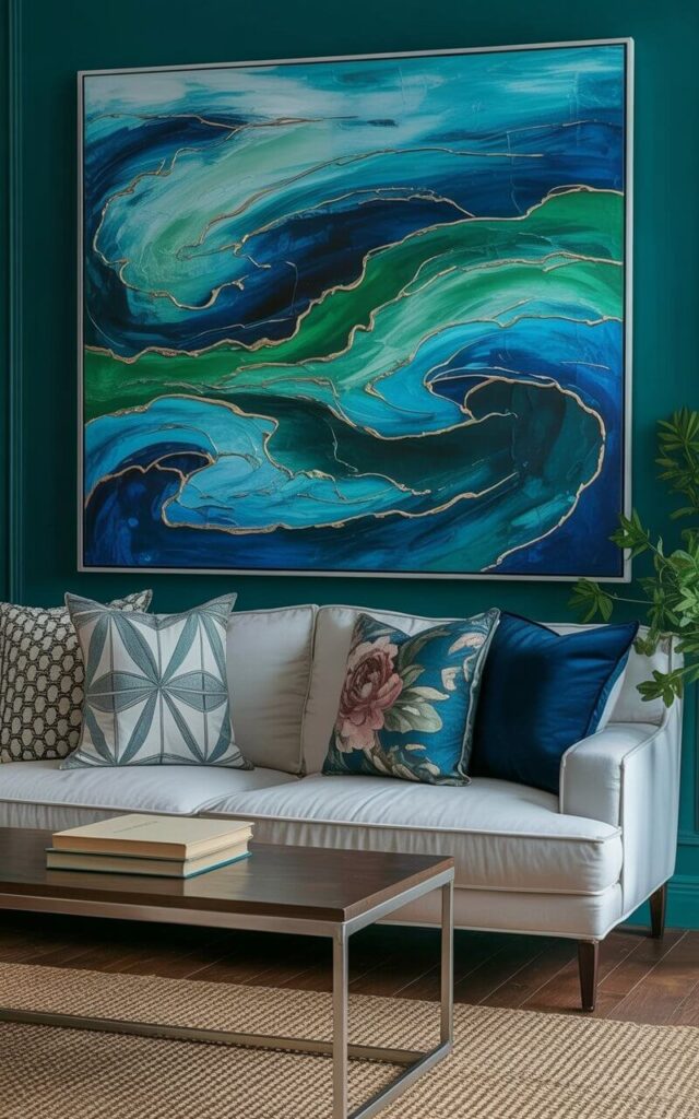 A large abstract artwork featuring swirling shapes in various shades of blue and green hangs centered above a cream-colored sofa. The artwork’s shapes suggest ocean waves and currents, with darker blues and lighter turquoise tones blending together. Three patterned throw pillows—one with a geometric design in gray and white, one with a floral print in muted tones, and one solid navy blue—are arranged on the sofa. A woven jute rug covers the wooden floor, and a slim coffee table constructed from dark wood and brushed silver metal rests in front of the sofa, displaying a stack of three books with cream-colored covers.