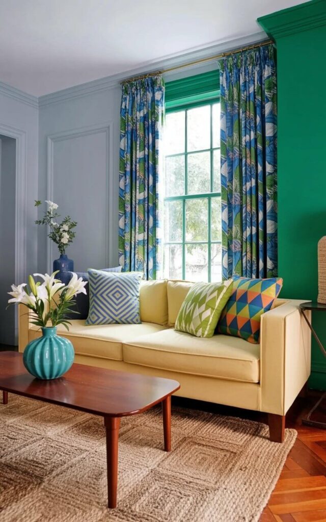 A cream-colored sofa with square arms sits against a light gray wall, adorned with four geometric pillows – one featuring a blue diamond pattern, one with a green zigzag design, and two with alternating triangles. Floor-length curtains in a blue and green leaf pattern frame a large window that allows soft daylight to illuminate the room. A sleek wooden coffee table with tapered legs rests in front of the sofa, displaying a turquoise ceramic vase filled with white lilies. A textured jute rug with a subtle diamond weave covers the hardwood floor, anchoring the furniture and adding warmth to the space.