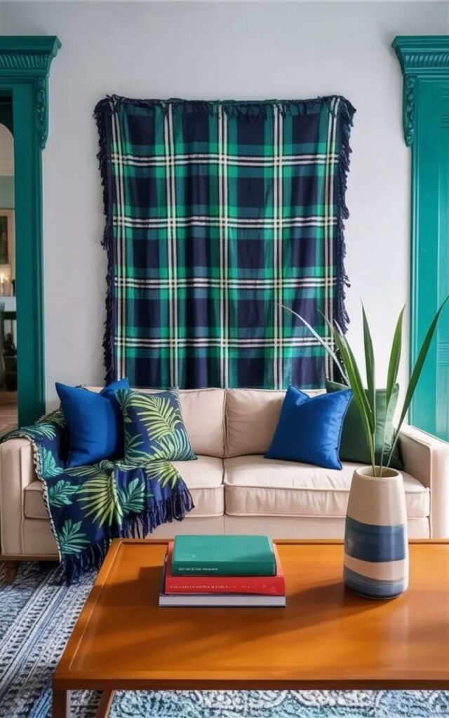 A beige sofa sits centered in a minimalist living room, featuring clean lines and a low profile. A plaid throw blanket with navy and green patterns is neatly folded across the sofa's cushions, while a second throw with a tropical leaf pattern drapes casually over one armrest. Several blue and green throw pillows are arranged on the sofa to provide additional cushioning. A rectangular wooden coffee table rests in front of the sofa, displaying a stack of three hardback books and a cylindrical ceramic vase holding several long, slender green leaves.