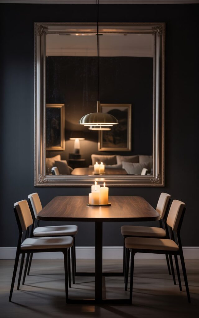 A moody interior photograph of an elegant dining room where a large ornate mirror with a metallic bronze frame dominates the dark charcoal-painted wall, reflecting soft ambient light throughout the space. A sleek walnut dining table sits centered beneath a modern brass pendant light, surrounded by four minimalist dining chairs with thin black metal legs and neutral upholstered seats. The mirror's reflection captures the warm glow of flickering pillar candles placed on the table and subtle fabric textures from nearby furnishings, creating depth and visual interest. The overall atmosphere is sophisticated and serene, with carefully balanced lighting that emphasizes the interplay between shadow and reflection in this artfully composed minimalist space.