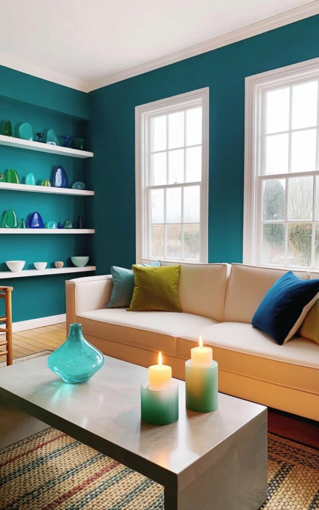 A pale beige sofa with clean lines forms the central element of the living room, accented with three cushions—one in a deep teal blue and two in varying shades of moss green. A turquoise sea glass vase sits on a sleek, rectangular coffee table made of polished concrete, while two frosted green candleholders, each holding a white pillar candle, add a soft glow. Open white shelving along one wall displays a collection of sea glass pieces in various shapes and sizes, alongside a few small ceramic bowls. Large windows reveal a view of a calm, overcast sky and a distant line of trees, contributing to the room's tranquil atmosphere.