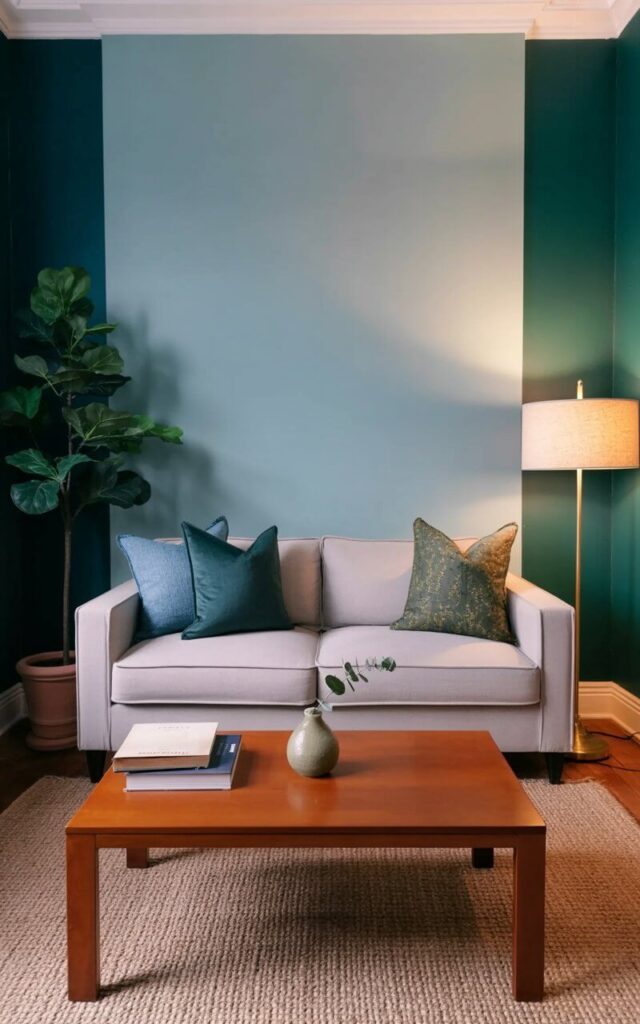 A pale gray sofa with square arms sits against a wall painted in a soft blue and green shade (#0D98BA), adorned with three throw pillows – one in a dark teal velvet, one in a light blue linen, and one in a patterned green cotton. A slim, rectangular wooden coffee table with a matte finish rests on a light jute rug, displaying a stack of three books and a small ceramic vase holding a single sprig of eucalyptus. Large windows with white linen curtains frame the scene, allowing natural light to illuminate a potted fiddle-leaf fig tree positioned in the corner, while a floor lamp with a brass base and linen shade stands beside the sofa. The room features hardwood floors and a simple white baseboard molding, creating an open and airy atmosphere.