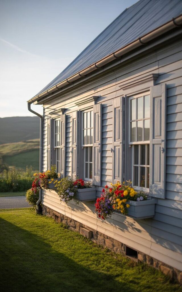 A photograph of a charming farmhouse bathed in the golden light of late afternoon. The farmhouse features soft white siding accented by gray trim and neatly framed windows adorned with weathered wood shutters, creating a sense of timeless elegance. Vibrant flower boxes overflow with a mix of red, yellow, and purple blooms beneath each window, adding splashes of color to the tranquil scene. A gently sloping lawn stretches out before the farmhouse, leading to a backdrop of rolling hills and a clear, blue sky.