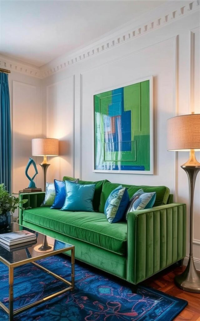 An emerald velvet sofa with wide, track arms serves as the central focus of the living room. Several square throw pillows in various shades of blue are arranged across the sofa’s cushions, while a navy blue area rug defines the seating space below. A sleek coffee table constructed from polished brass sits centered in front of the sofa, reflecting the light from a tall floor lamp with a brushed metal base and a linen shade. White walls with subtle crown molding and a single abstract sculpture on a nearby console table contribute to the uncluttered, modern aesthetic of the room.