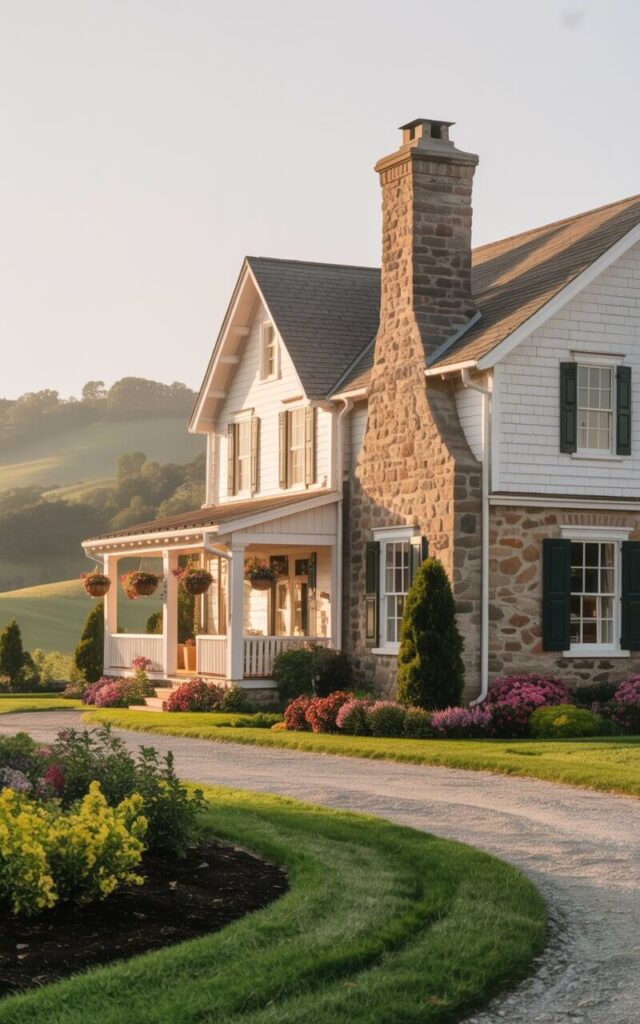 A photograph of a charming farmhouse, radiating rustic elegance against a backdrop of rolling hills. The farmhouse features soft white siding contrasted by a rugged stone base, with a prominent stone chimney reaching towards the sky. Manicured lawns and vibrant flowering shrubs surround the home, while a winding gravel driveway leads to a welcoming front porch adorned with hanging baskets. Soft sunlight bathes the scene, highlighting the textures of the stone, brick, and wood, creating a sense of warmth and tranquility.