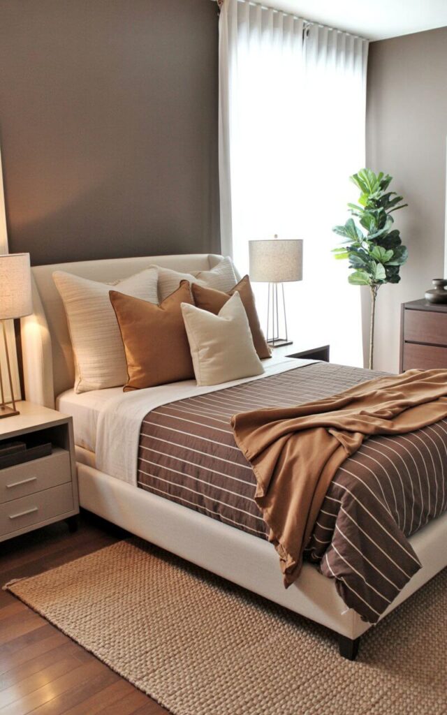 A queen-sized bed with a brown-and-white striped duvet cover dominates the room, accented by three cream-colored pillows and a loosely folded caramel-colored throw blanket. Two slender nightstands with integrated drawers flank the bed, each holding a small, cylindrical lamp with a white linen shade. A woven jute rug covers the hardwood floor, adding a layer of texture to the space. Sunlight streams through a large window covered with sheer white curtains, illuminating a single potted fiddle-leaf fig tree in the corner and a minimalist wooden dresser against the far wall.