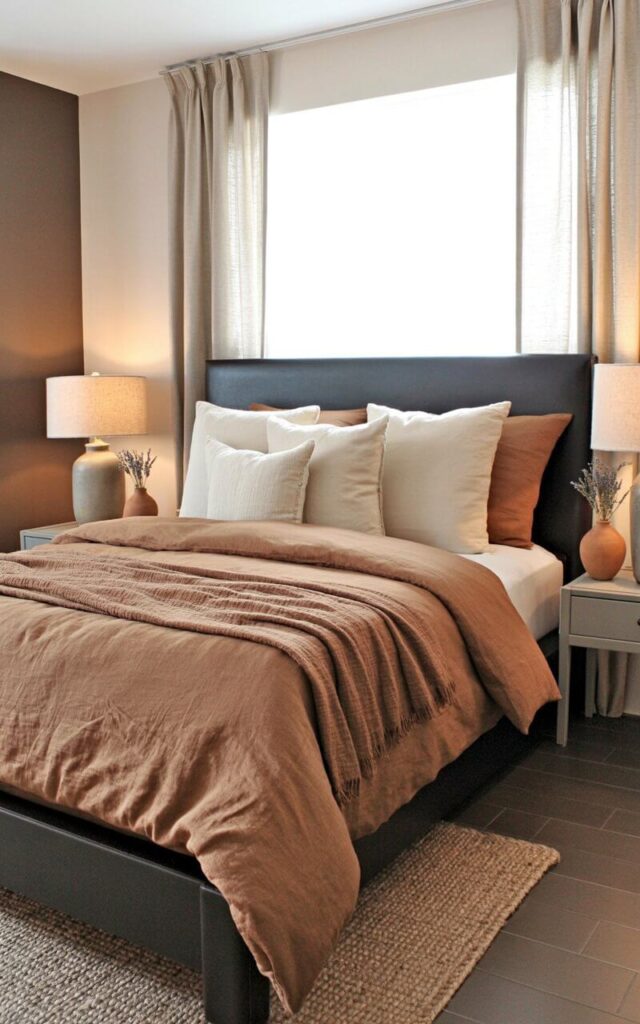 A king-sized bed with a dark brown wooden frame sits centered in the room, covered with layers of caramel-colored linen bedding. Cream-colored pillows are arranged on the bed, and a terracotta-colored throw blanket is draped across the foot. Two slender nightstands with simple ceramic lamps sit on either side of the bed, each holding a small earthenware vase with a single sprig of dried lavender. The room features a pale brown hardwood floor and a large window with sheer linen curtains, allowing soft natural light to filter in, while a woven jute rug lies beneath the bed.