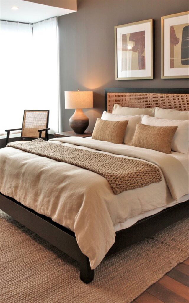 A king-sized bed with a dark brown wooden frame sits centered in a room with linen bedding in cream and beige tones, topped with two rectangular jute pillows and a chunky woven throw blanket. A woven rattan headboard extends behind the pillows, and a small wooden nightstand with a ceramic lamp sits on one side of the bed. A cane chair with a woven seat and backrest occupies the corner of the room next to a large jute rug covering the hardwood floor. Two framed artworks with abstract shapes and earthy color palettes hang on the wall opposite the bed, while natural light streams through a large window covered with sheer linen curtains.