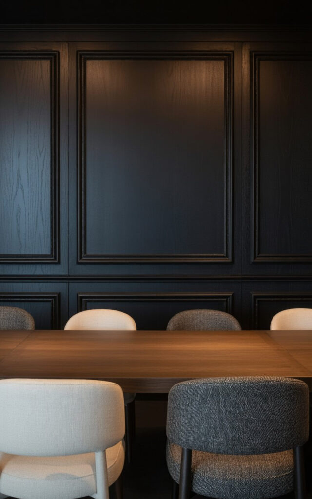 A sophisticated interior photograph of a moody dining room where rich textural elements create an architectural masterpiece. Dark charcoal and deep navy wall panels feature intricate moldings and subtle grooves that catch and reflect gentle, diffused lighting from hidden sources. A sleek, unadorned dining table in warm walnut serves as the centerpiece, surrounded by minimalist chairs upholstered in contrasting cream linen and charcoal wool fabrics. The carefully curated space maintains perfect balance between luxury and restraint, with each textural layer—from the tactile wall treatments to the varied fabric textures—working in harmonious rhythm to create an understated yet opulent dining experience.