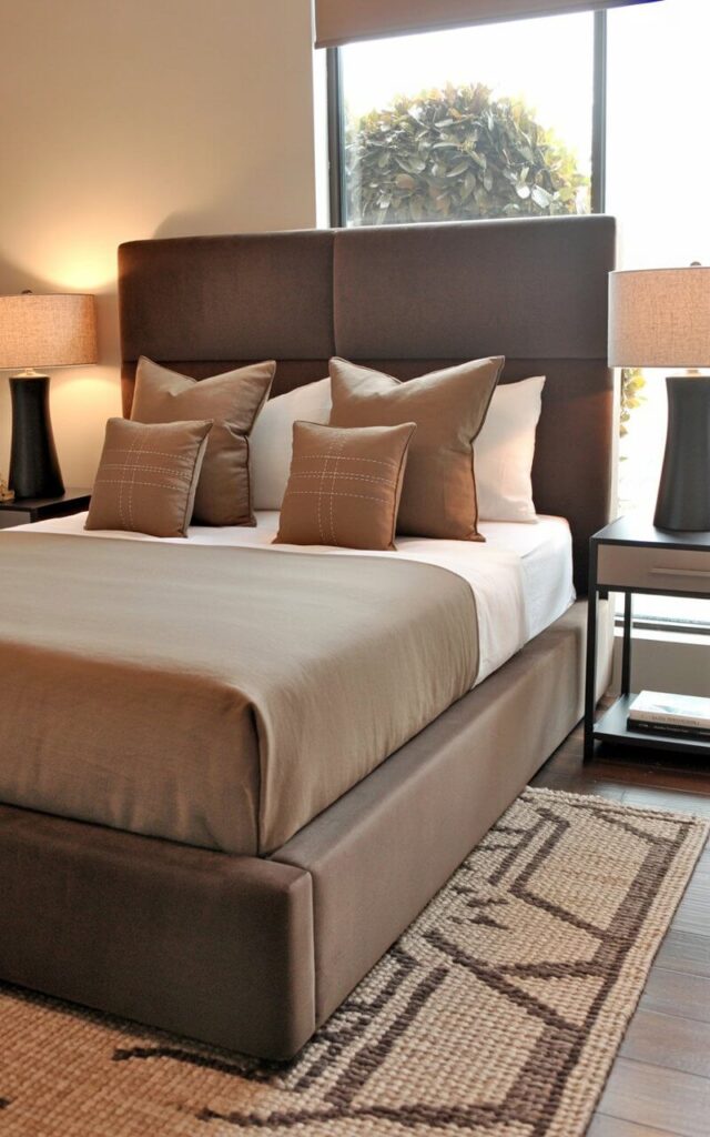 A king-sized bed with a deep coffee-toned fabric headboard and frame dominates the room. White linen sheets are neatly tucked beneath the bed, layered with a taupe duvet and several caramel-colored square pillows with subtle stitched patterns. Two sleek, dark wood nightstands sit on either side of the bed, each holding a minimalist black lamp with a linen shade and a small stack of books. A woven rug with a geometric pattern in beige and cream tones covers the hardwood floor, extending from beneath the bed towards a large window revealing a view of a leafy green garden.