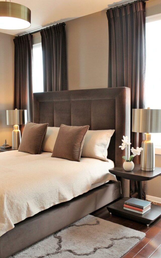 A king-sized bed with a dark brown velvet headboard dominates the room, featuring a cream-colored linen duvet and four large square brown velvet throw pillows. Two sleek, dark wood side tables with brushed nickel lamps sit on either side of the bed, each holding a stack of books and a small ceramic vase containing a single white orchid. A soft gray rug with a subtle geometric pattern lies on the hardwood floor, anchoring the bed and extending towards a large window framed by deep cocoa-colored velvet curtains. A minimalist pendant light with a brushed brass finish hangs from the ceiling, casting a warm glow on the room’s uncluttered space.