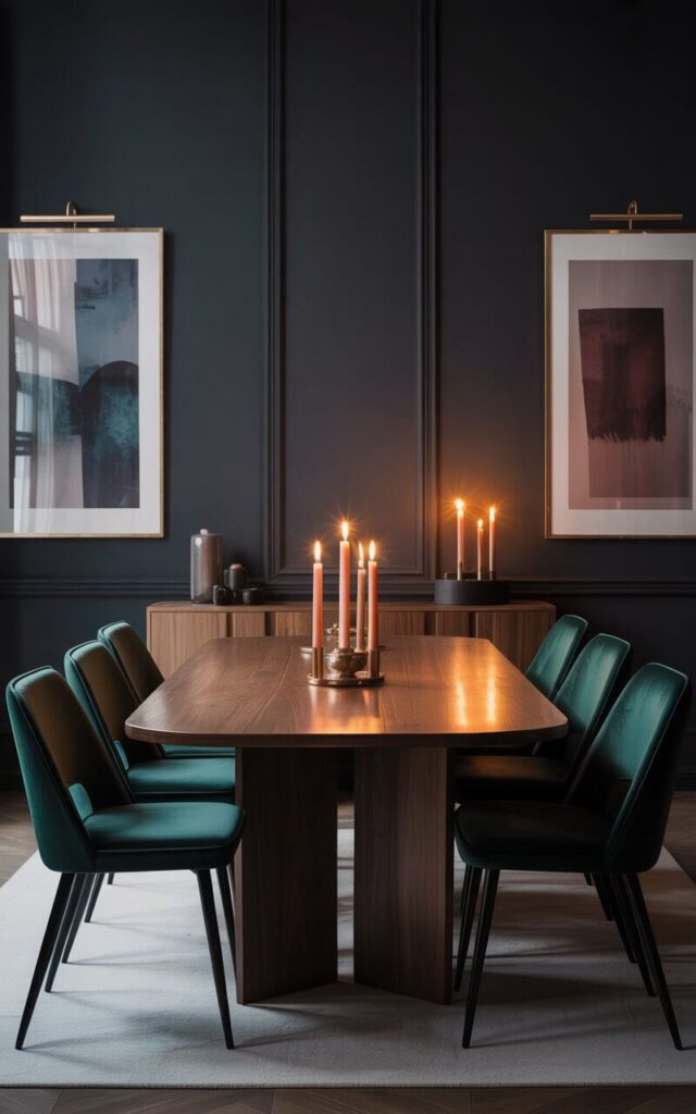 A sophisticated interior photograph of a moody dining room that epitomizes quiet luxury through rich jewel tones and minimalist design. The matte black walls create a dramatic backdrop for six emerald velvet dining chairs positioned around a sleek walnut dining table, their deep green fabric catching and reflecting the warm ambient light. A streamlined sideboard displays carefully curated objects while abstract art pieces in muted sapphire and burgundy tones hang symmetrically on the walls, accented by subtle brushed gold picture frames and hardware. Flickering candlelight from tall tapered candles creates dancing shadows across the velvet upholstery, adding texture and intimacy to the space while maintaining the room's clean, geometric composition.