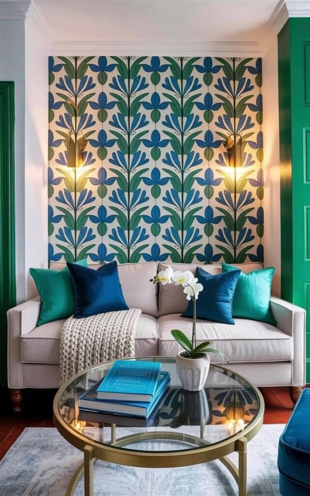 A plush ivory sofa faces a wall covered in botanical wallpaper featuring stylized blue and green leaves arranged in a repeating pattern. Teal and navy throw pillows are scattered across the sofa's cushions, alongside a knitted cream-colored throw blanket folded neatly. A round glass coffee table with a brushed gold frame sits centered on a pale gray rug, holding a stack of three books and a small ceramic vase containing a single white orchid. Brass sconces are mounted on either side of the wallpaper, emitting a warm glow that illuminates the white walls and highlights the wallpaper’s design.