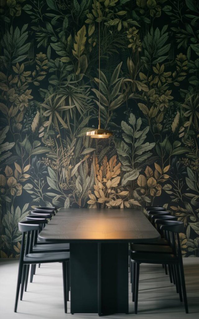 A moody photograph of an elegant dining room featuring dramatic dark botanical wallpaper with intricate leaf patterns in deep forest greens and charcoal shadows. The centerpiece is a sleek matte black dining table surrounded by minimalist chairs with slender gunmetal frames, creating striking geometric contrast against the organic wallpaper design. A single brass pendant light suspended above casts warm golden illumination that accentuates the wallpaper's rich texture and creates subtle highlights across the table's surface. The space embodies sophisticated restraint with carefully curated elements that balance minimalist furniture against the bold botanical backdrop, creating an atmosphere of refined drama.