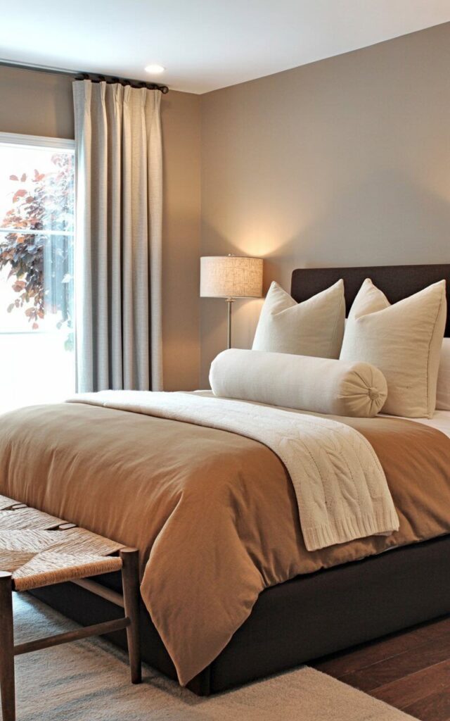 A king-sized bed with a caramel-colored duvet and an ivory bolster pillow sits against a pale beige wall. Two plush ivory pillows and a cream-colored knit throw are neatly arranged on the bed, while a simple wooden bench with a woven seat rests at the foot. Light-filtering neutral-toned curtains hang from a metal rod mounted on the wall, partially obscuring the view of a leafy tree visible through the window. A single understated wall sconce with a linen shade provides soft illumination, casting a warm glow on the hardwood floor.