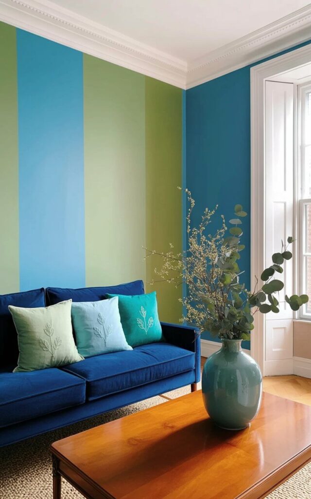 A navy blue sofa sits against a wall painted with alternating stripes of blue and green. Three cushions—one sage green, one teal, and one a lighter shade of blue—are arranged on the sofa, each featuring subtle embroidered leaf patterns. A polished wooden coffee table rests in front of the sofa, displaying a tall ceramic vase filled with several sprigs of eucalyptus and a few small white blossoms. The room features white trim around the ceiling and baseboards, allowing natural light from a large window to illuminate the space and highlight the clean lines of the furnishings.