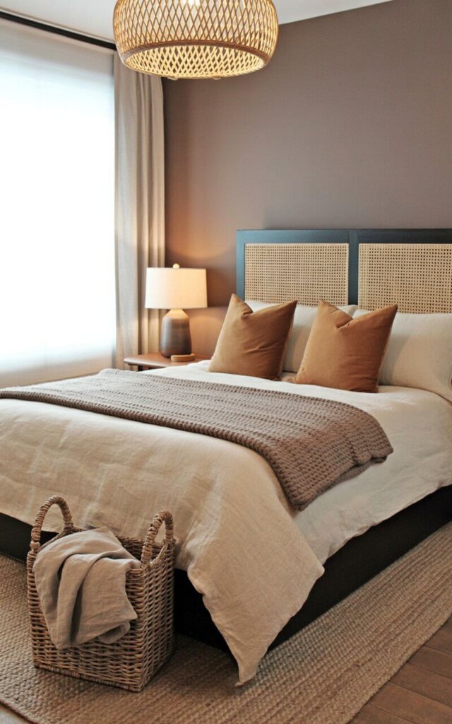 A queen-sized bed with a cane headboard sits centered in the room, featuring cream-colored linen sheets, two caramel-colored pillows, and a taupe knit blanket neatly arranged. A woven basket rests on the floor beside the bed, holding a folded linen throw, while a rattan pendant light fixture hangs from the ceiling directly above. A jute rug covers the wooden floor, extending from beneath the bed towards a large window with sheer curtains filtering soft light. The walls are painted a warm brown, and a small wooden side table with a ceramic lamp stands near the bed, completing the organic and grounded atmosphere.