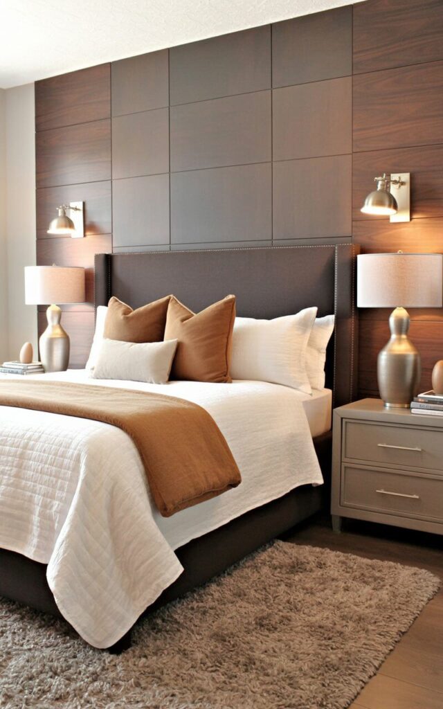 A king-sized bed with a dark brown upholstered headboard sits centered against a walnut wood panel accent wall. Crisp white cotton linens cover the bed, topped with a folded caramel-colored throw blanket and three plush pillows. Two identical nightstands with brushed nickel hardware flank the bed, each holding a sleek ceramic lamp with a white linen shade and a stack of books. A soft beige wool rug covers the hardwood floor, and two brass sconces are mounted on either side of the headboard, illuminating the space with a warm glow.