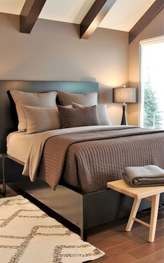 A king-sized bed with a dark brown wooden frame sits centered beneath exposed wooden beams that run across the ceiling. Taupe linen sheets and a thick chocolate-brown quilt cover the bed, layered with several plush pillows. A woven rug with a geometric pattern in cream and gray lies on the hardwood floor next to a simple wooden bench holding a folded gray blanket. A single sleek black lamp with a linen shade sits on a small wooden nightstand beside the bed, while a partially open window reveals a view of tall pine trees.