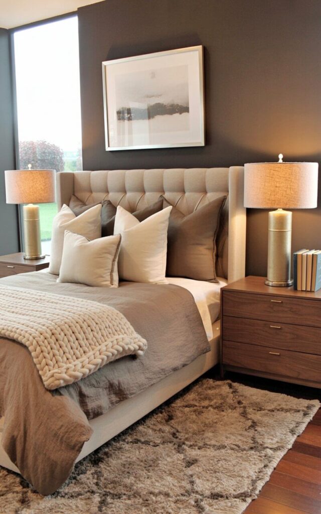 A king-sized bed with a tufted headboard sits centered in a bedroom, draped in taupe linen bedding, multiple ivory decorative pillows, and a chunky knit blanket folded neatly at the foot. Two classic nightstands made of walnut wood flank the bed, each displaying a sleek, cylindrical lamp with a linen shade and a stack of three books with neutral-colored covers. A plush, neutral-toned rug with a subtle geometric pattern covers the hardwood floor, while a single framed artwork depicting an abstract landscape hangs centered above the bed. Natural light streams through a large window to the left of the bed, revealing a glimpse of a manicured lawn and distant trees beyond.