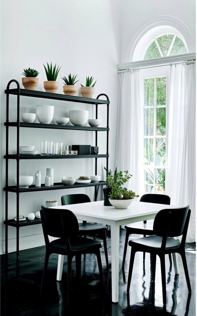 A black metal shelving unit with clean lines spans the width of the back wall, displaying a collection of objects. The shelves hold a mix of white ceramic bowls of varying sizes, clear glass tumblers, and potted succulents in simple terracotta pots. A white rectangular dining table sits centered in the room, surrounded by four black, upholstered dining chairs with slender legs. A large window with sheer white curtains is positioned on the adjacent wall, allowing soft natural light to fill the room and illuminate the arrangement.