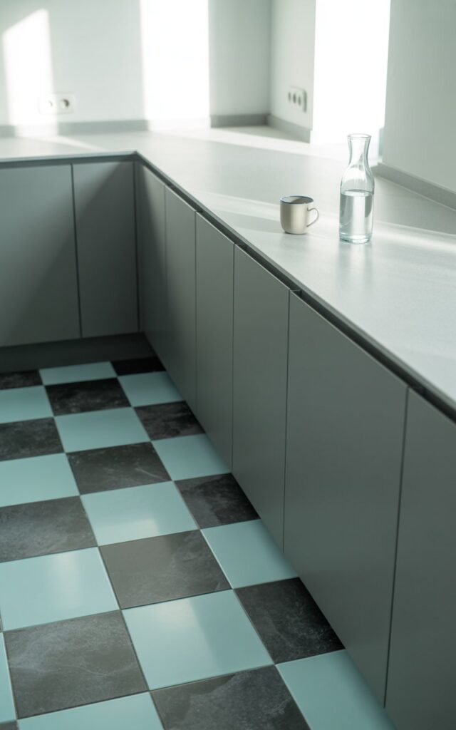 A photograph of a pristine minimalist kitchen featuring striking graphite-gray and ice-blue checkered floor tiles that create a sophisticated contemporary pattern. The sleek gray cabinetry runs along the walls with clean lines and handle-free surfaces, perfectly complementing the darker tones in the checkered flooring below. On the spotless white quartz countertops, only a clear glass carafe filled with water and a single white ceramic cup are carefully placed, emphasizing the uncluttered aesthetic. Soft natural daylight streams through unseen windows, casting gentle shadows across the cool-toned surfaces and highlighting the serene interplay between the graphite and pale blue tiles.