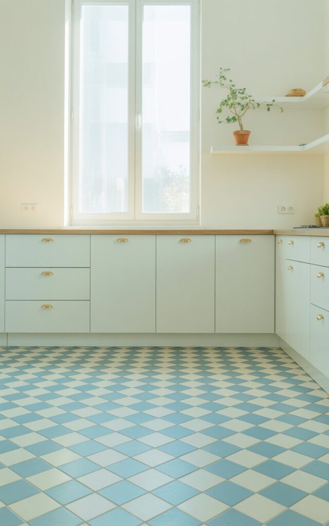 A photograph of a minimalist kitchen showcasing pastel blue-and-white checkered tiles that create a gentle cottage-inspired charm across the floor. The powdery blue tiles alternate perfectly with crisp white squares, complementing the clean white cabinetry that lines the walls with sleek, handle-free doors. Natural sunlight floods through a large window, casting a luminous glow across the checkered pattern and illuminating the space with warmth. Open floating shelves display a single small potted plant with delicate green leaves, emphasizing the airy, uncluttered aesthetic of this refreshingly calm and light-filled space.